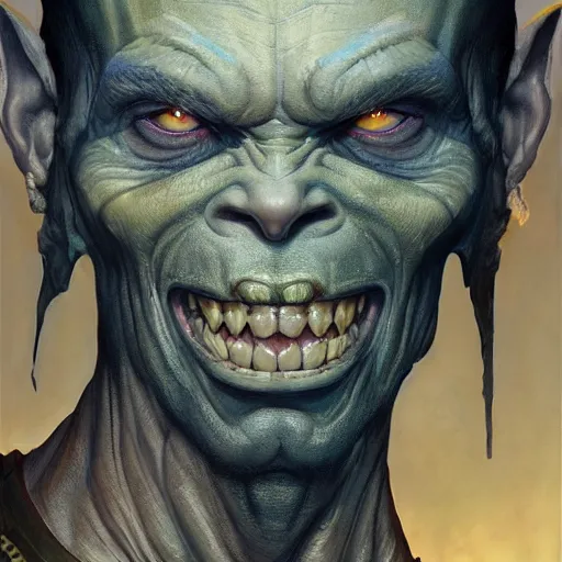 Image similar to a portrait of an skinny orc with a friendly smile, digital painting, artstation, concept art, donato giancola, Joseph Christian Leyendecker, WLOP, Boris Vallejo, Breathtaking, 8k resolution, extremely detailed, beautiful, establishing shot, artistic, hyperrealistic, beautiful face, octane render, cinematic lighting, dramatic lighting, masterpiece