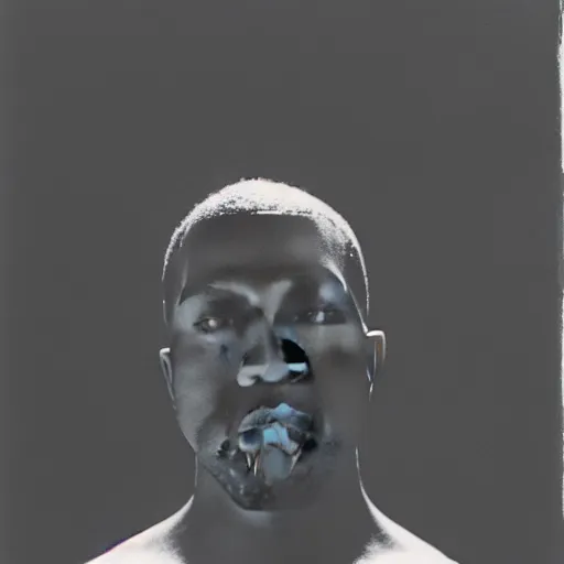 Image similar to a ( ( ( ( ( ( ( ( ( ( ( ( ( ( ( ( ( ( chiaroscuro lighting portrait ) ) ) ) ) ) ) ) ) ) ) ) ) ) ) ) ) of kanye west dressed as rick owens, black background, portrait by julia margaret cameron, shallow depth of field, 8 0 mm, f 1. 8