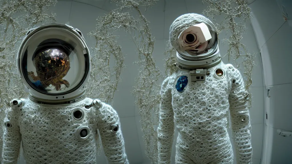 Image similar to a cybernetic symbiosis of a single astronaut eva suit made of pearlescent wearing knitted yarn thread infected with diamond 3d fractal lace iridescent bubble 3d skin covered with stalks of insectoid compound eye camera lenses floats through the living room, film still from the movie directed by Denis Villeneuve with art direction by Salvador Dalí, wide lens,