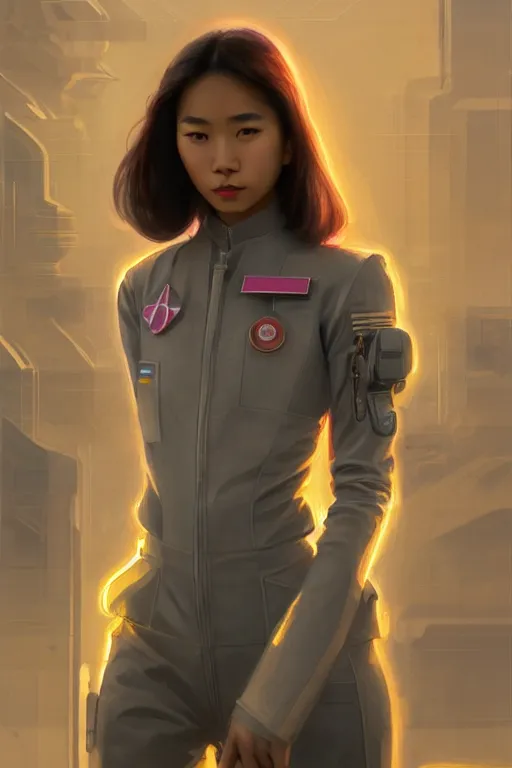 Image similar to portrait futuristic asian airforce girl, looking at the camera, expressive pose, symmetrical face, in future airport rooftop , sci-fi, fantasy, intricate, very very beautiful, elegant, human anatomy, neon light, highly detailed, digital painting, artstation, concept art, smooth, sharp focus, illustration, art by tian zi and WLOP and alphonse mucha