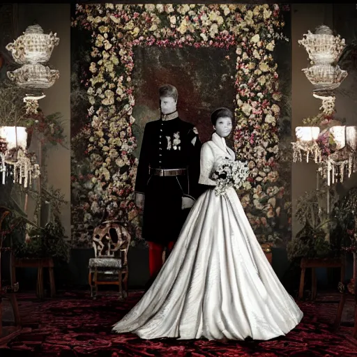 Prompt: A wide full shot, colored black and white Russian and Japanese mix historical fantasy a photograph portrait taken of inside the royal wedding floral covered venue inspired by a enchanted ethereal forest, photographic portrait, warm lighting, 1907 photo from the official wedding photographer for the royal wedding. ultra realistic, photorealistic, octane render, ray cinematic.