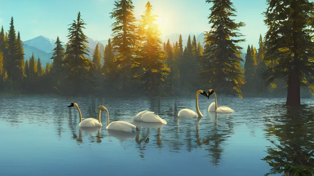 Prompt: beautiful canadian landscape by the lake, reflective, swans in the lake, sunlight, morning, ambient lighting, life is strange artwork style,