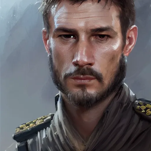 Image similar to Portrait of a man by Greg Rutkowski, he is about 40 years old, english pirate features, attractive, military composure, short brown hair, chilean, father image vibes, he is wearing futuristic military fatigues, highly detailed portrait, digital painting, artstation, concept art, smooth, sharp foccus ilustration, Artstation HQ.