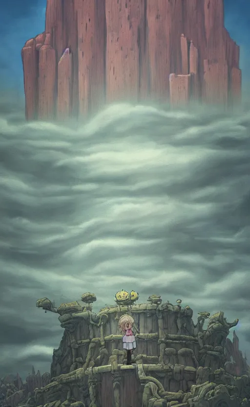 Image similar to hyperrealist painting of a giant chibi kaiju from howl's moving castle ( 2 0 0 4 ) in a flooded monument valley stonehenge jungle. 1 9 7 0 s science fiction, moody, misty, depth perception, 4 k, artstation, in the style of studio ghibli