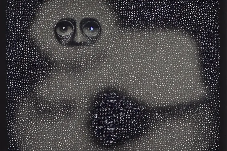 Image similar to face made out of planet, faceless people dark, dots, drip, stipple, pointillism, technical, abstract, minimal, style of francis bacon, asymmetry, pulled apart, cloak, hooded figure, made of dots, abstract, balaclava