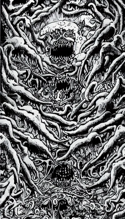 Image similar to a storm vortex made of many demonic eyes and teeth over a forest, by akira toriyama