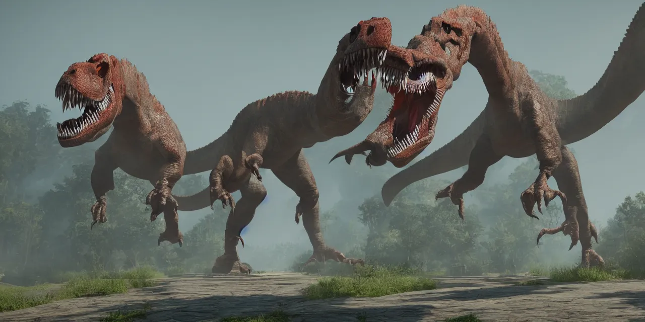 Image similar to communist dinosaur, china, tyrannosaurus, unreal engine, cinematic