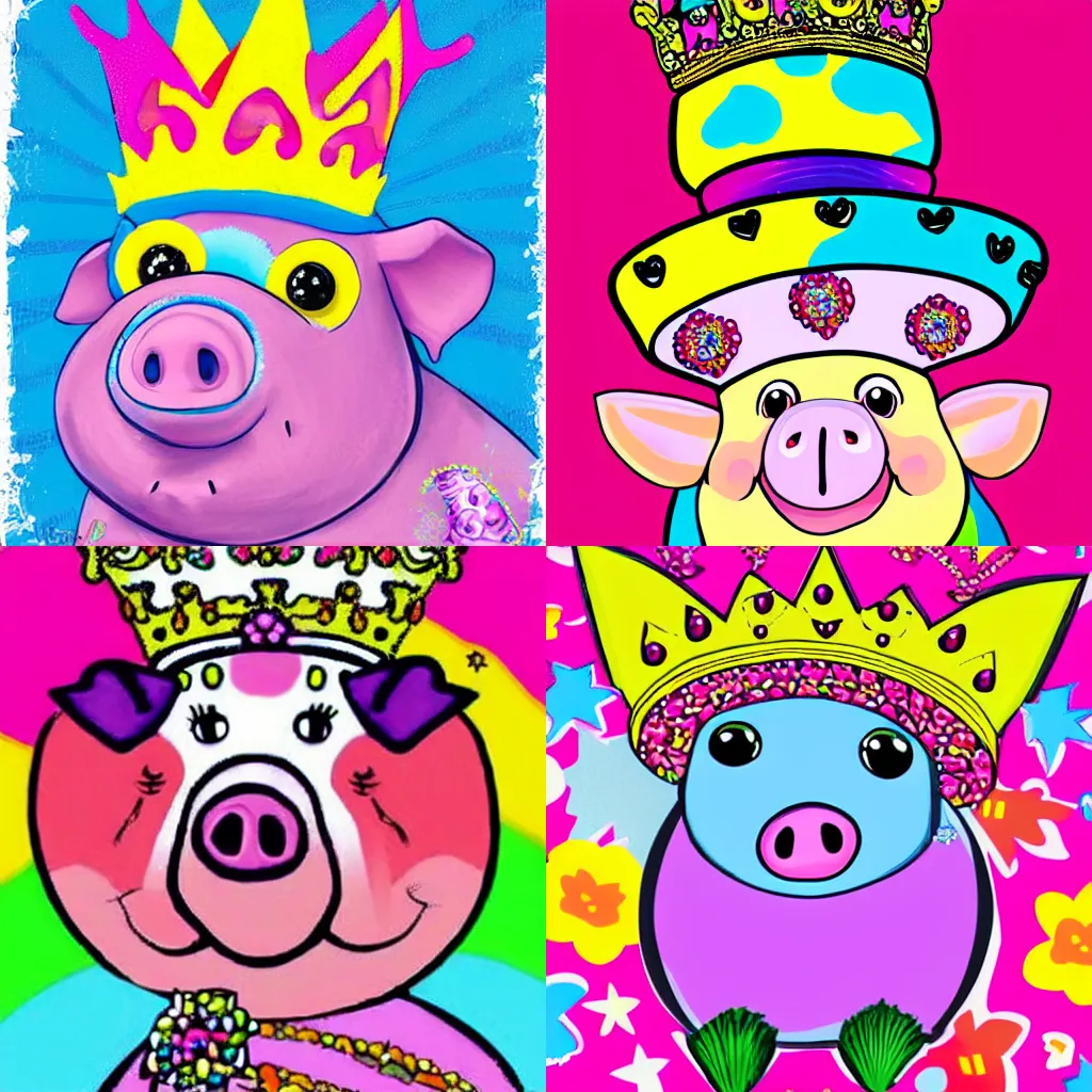 Prompt: happy pig wearing a crown lisa frank style