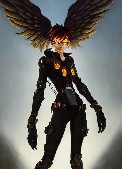 Image similar to full body artwork of tracer overwatch, wearing leather collar, in style of zdzisław beksinski, angel wings, dramatic painting, symmetrical composition, wearing detailed leather collar, black shiny armor, chains, black harness, detailed face and eyes,