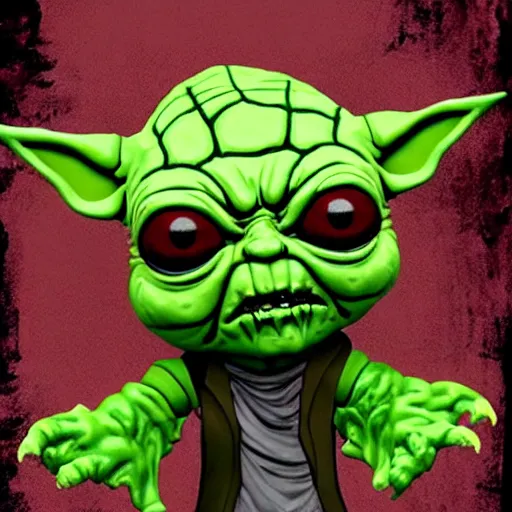 Prompt: zombie yoda, funko pop yoda as a zombie, zombified, scary.