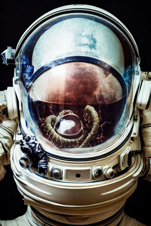 Image similar to extremely detailed studio portrait of space astronaut, alien tentacle protruding from eyes and mouth, slimy tentacle breaking through helmet visor, shattered visor, full body, soft light, disturbing, shocking realization, award winning photo by manny librodo