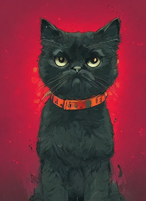 Image similar to concept portrait of black persian cat staring contemptuously at people, artstation, art by petros afshar, tom whalen, laurie greasley and greg rutkowski and ilya kuvshinov