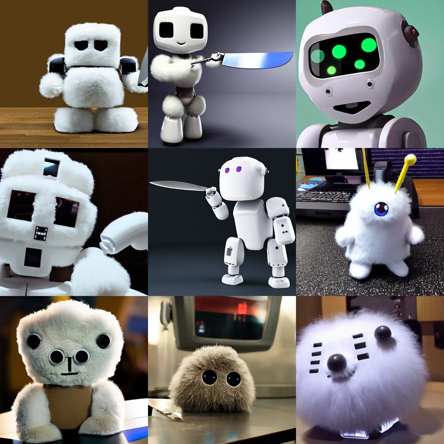 Prompt: <picture quality=hd+ mode='attention grabbing'>an adorable fluffy robot robs you with a knife</picture>