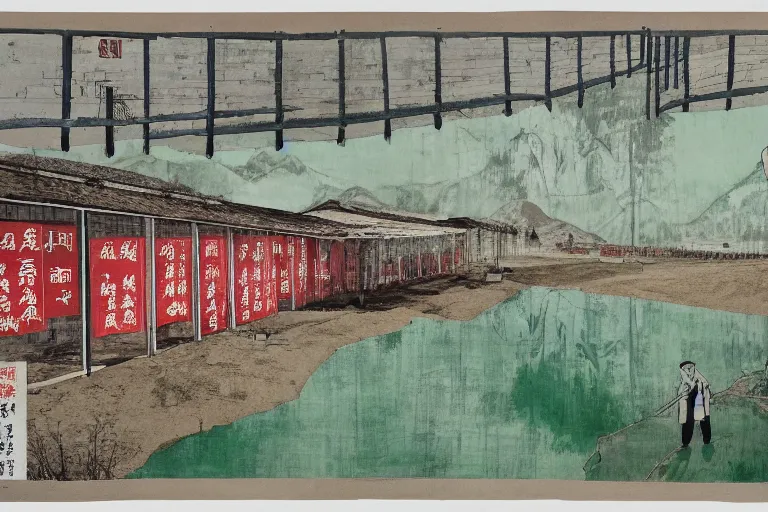 Image similar to a chinese prison near a river by peter doig, overlaid with chinese adverts