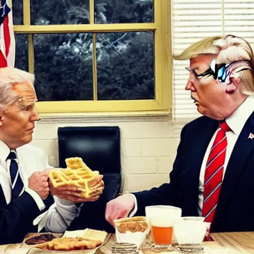 Image similar to photograph of trump and Biden sitting and eating breakfast at a Wafflehouse