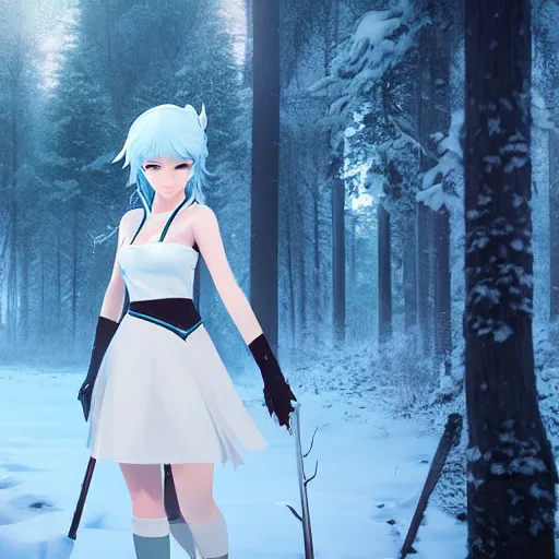 Image similar to realistic render of weiss schnee from rwby by ross draws, snowy forest background by ilya kuvshinov, digital anime art by ross tran, composition by sana takeda, lighting by greg rutkowski