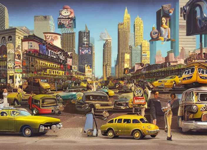 Prompt: 🚕🚎⛽🛣, lowbrow, matte painting, 3 - d highly detailed, in the style of mark ryden,