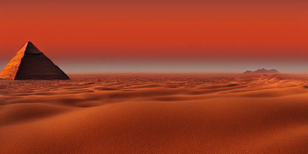 Prompt: egyptian desert with red sand hills, beautiful, dawn, foggy area, photorealistic, panoramic shot, 4 k