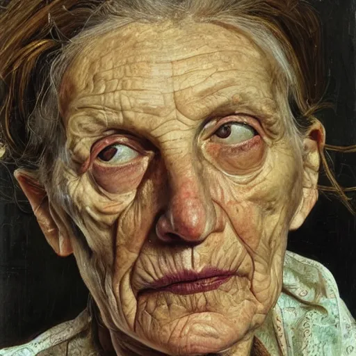 Image similar to high quality high detail painting by lucian freud, hd, portrait of a dead grandmother, photorealistic lighting