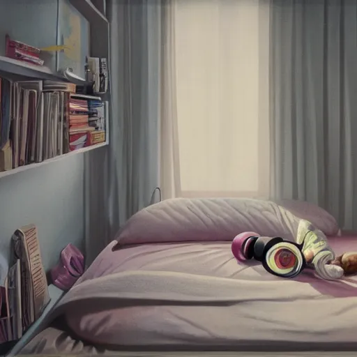 Image similar to a little girl with headphones lying on the bed, in her bedroom, 1 9 8 0, retrofuturism, clean, window, cat, bookshelf, vase, desk, at night, dramatic lighting, by yoshitomo nara, detailed by simon stalenhag