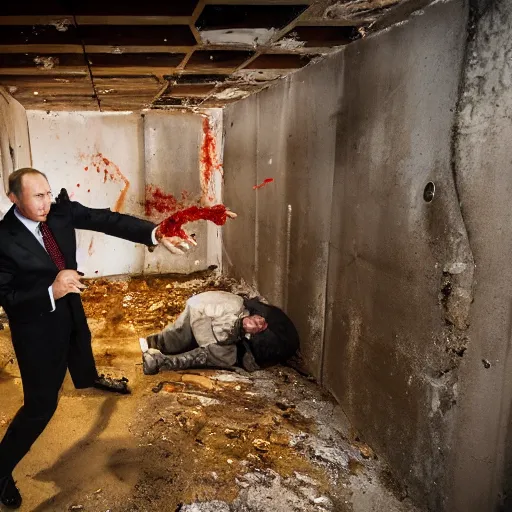 Image similar to putin with a chainsaw and a corpse. in a concrete room, looks like a bunker. focus on putins face with blood splatters. canon eos r 3, f / 1. 4, iso 8 0 0, 1 / 1 6 0 s, 8 k, raw.