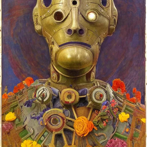 Image similar to a robot wearing a mask made of flowers, by annie swynnerton and diego rivera and nicholas roerich and jean delville, symbolist, dramatic lighting, elaborate geometric ornament, art brut, soft cool colors, smooth, sharp focus, extremely detailed, adolf wolfli and donato giancola