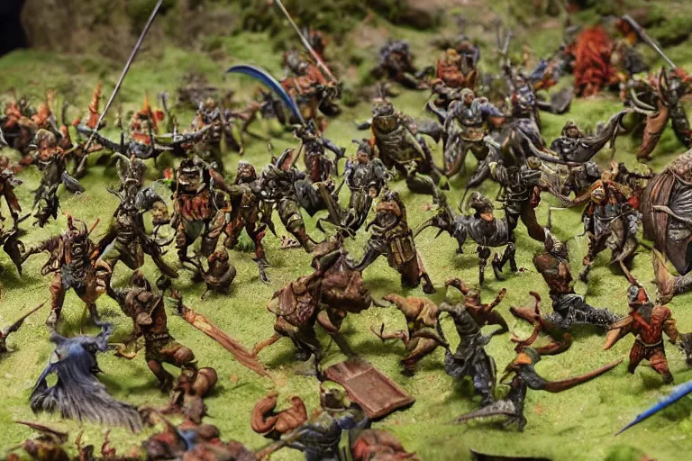 Prompt: photo taken of an epic intricate, ultra detailed miniature modular, battlefield diorama created by weta workshop, zoomed in shots focussing an army of high elves battling a horde of orcs, with highly detailed exquisitely painted 3 d printed characters, cinematic wide shot, photorealistic, sharp focus, f 0. 4, golden ratio, golden hour