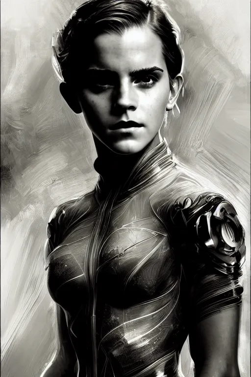 Prompt: emma watson closeup portrait futuristic fractal fightsuit gaston bussiere craig mullins j. c. leyendecker short wet hair richard avedon peter lindbergh monochrome studio lighting