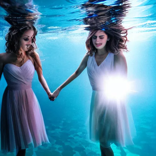 Image similar to award winning photograph of two women holding hands under water, volumetric lighting, flowing hair and dresses,