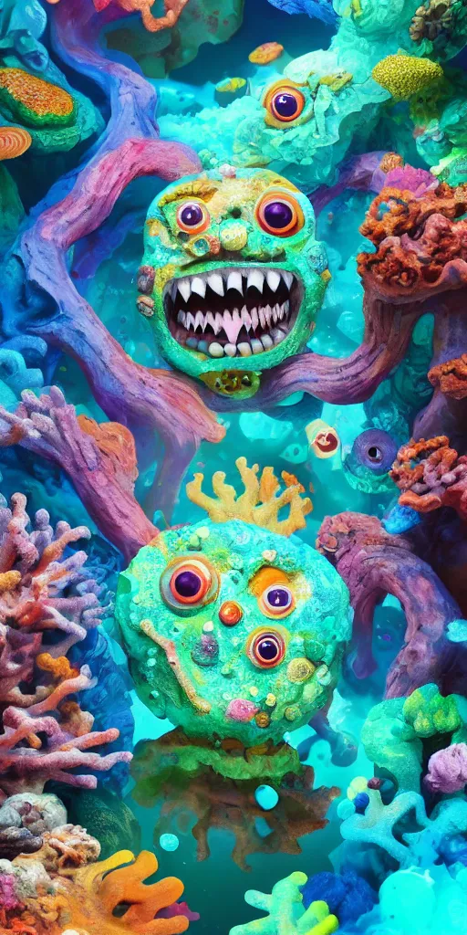 Prompt: of a colorful under water cave with strange cute friendly happy creatures with huge eyes, mouth, long tongue and round teeth appearing from sandy coral, in the style of gehry and gaudi, macro lens, shallow depth of field, ultra detailed, digital painting, trending artstation, concept art, illustration, cinematic lighting, photorealism, epic, octane render