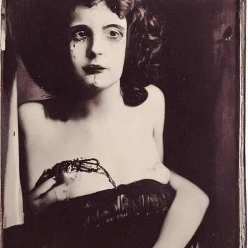 Image similar to photo portrait of a cabaret young female photo by Diane Arbus and Louis Daguerre