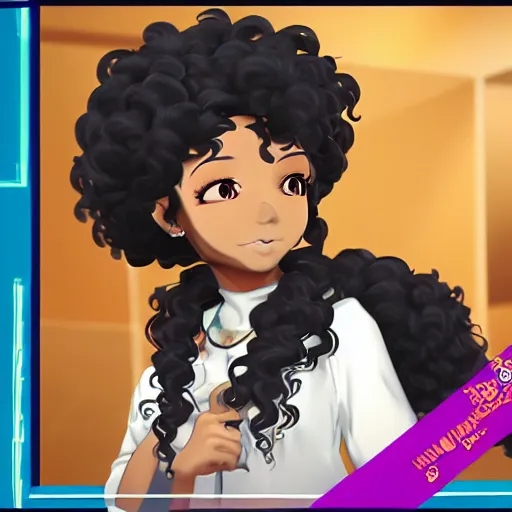 Prompt: A brown skinned woman with black curly hair as an anime character, highly detailed, cg society