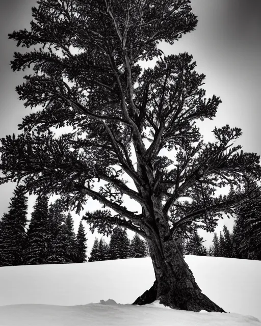 Prompt: !!! premium photo!!! of a lonely giant tree on top of snowy mountain,!!!! a lot of bones lying around!!!! golden hour photo, 7 5 mm, golden ratio, great composition, amazing photographic effects, fast shutter speed