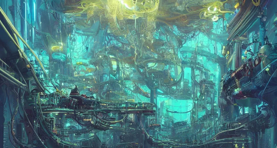 Prompt: bioluminescent cyberpunk siphonophore, extreme light, cyberpunk atlantis, mechanical, deep ocean, robotic, mariana trench, sun rays, midnight zone, bubbles, hyper realistic, hyper detailed, digital art, trending in artstation, studio quality, photorealistic, photo, by jesper ejsing, wlop, paul lehr