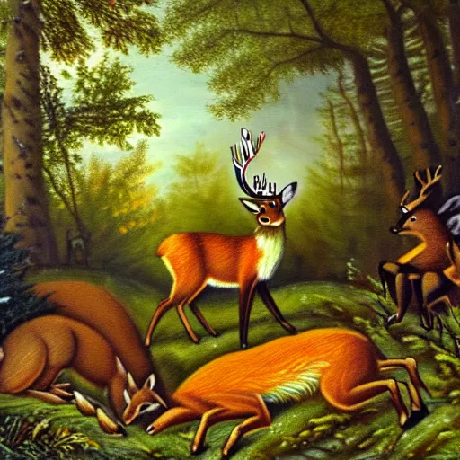 Image similar to a deer king wearing a crown in a forest clearing. a fox, bear and wolf are bowing before the deer. oil painting.