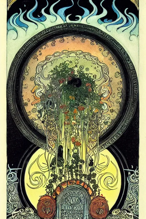 Image similar to a black cauldron over burning flames in the center of an ornate circular floral frame, detailed art by kay nielsen and walter crane, illustration style, watercolor