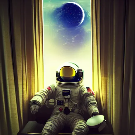 Prompt: astronaut sitting in a cheap hotel room, digital art, epic composition, highly detailed, cinematic lighting