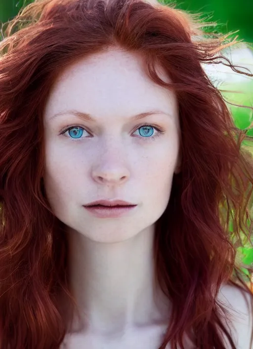 Prompt: close up portrait photo of a thin young redhead woman with russian descent, sunbathed skin, with deep blue eyes. Wavy long maroon colored hair. she looks directly at the camera. Slightly open mouth, face takes up half of the photo. a park visible in the background. 55mm nikon. Intricate. Very detailed 8k texture. Sharp. Cinematic post-processing. . Sharp eyes. Art by stefan kostic, stanley lau and artgerm