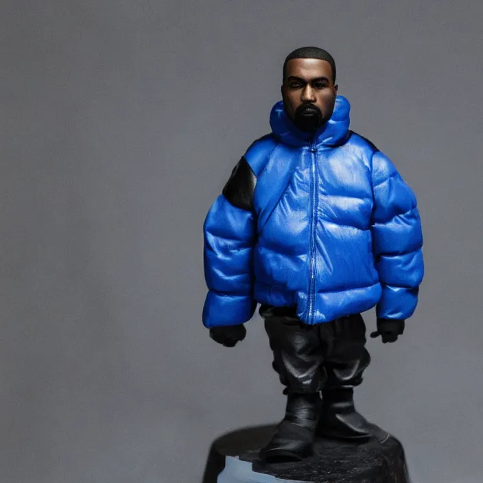 Image similar to a goodsmile figure of kanye west using a full face covering black mask, a small, tight, undersized reflective bright blue round puffer jacket made of nylon, dark jeans pants and big black balenciaga rubber boots, figurine, detailed product photo