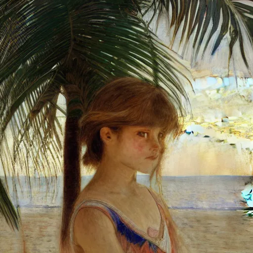 Image similar to a ultradetailed beautiful painting of a girl in the amazonas palace designed by jules bastien - lepage, hans belmer, frank weston and gustave baumann, beach, trending on artstation, mediterranean, palm trees, light sparkles, sharp focus, soft light, 8 k 4 k