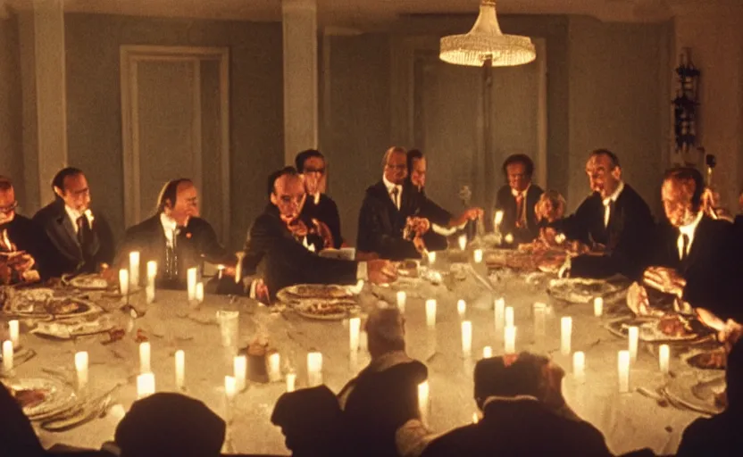 Prompt: Globalists and capitalist sitting around a big dinner table with candles in the shining by stanley kubrick, shot by 35mm film color photography