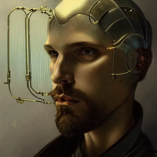 Prompt: portrait of bearded male android, coy, circuitry visible in head, in the style of ex machina, karol bak, alphonse mucha, greg rutkowski, award winning, hr giger, artstation