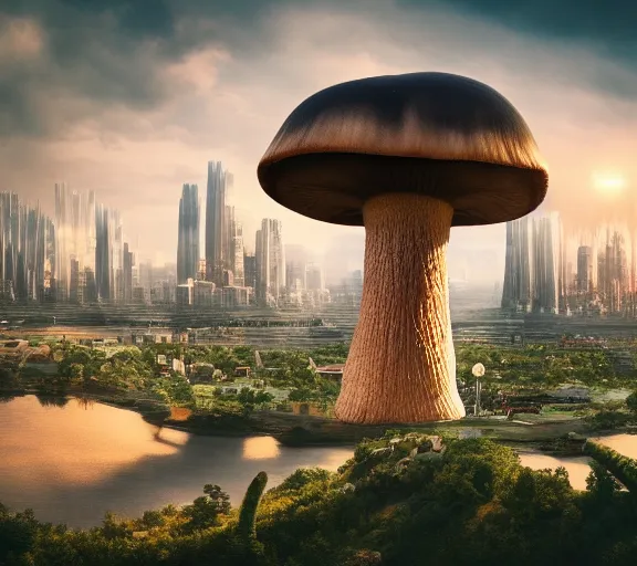 Image similar to a city built upside down from a cap of a giant mushroom. highly detailed 8 k. intricate. lifelike. soft light. nikon d 8 5 0. cinematic post - processing