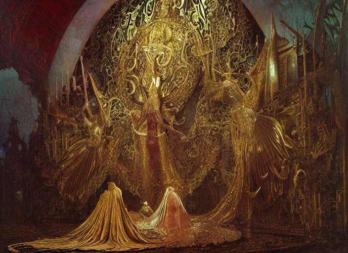 Prompt: worship of the pope, royal robe, gold trim, demons, mysticism, light effect, hyper detailed, intricate, atmospheric, elegant, photorealistic by zdzisław beksinski, iris van herpen, raymond swanland, craig mullins and alphonse mucha. hyper - real