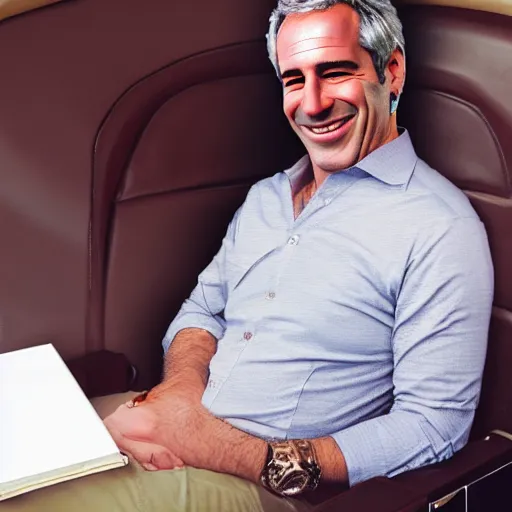 Image similar to Jeffery Epstein laughing with black book, in private jet background, colorful 16k hyper realistic digital art