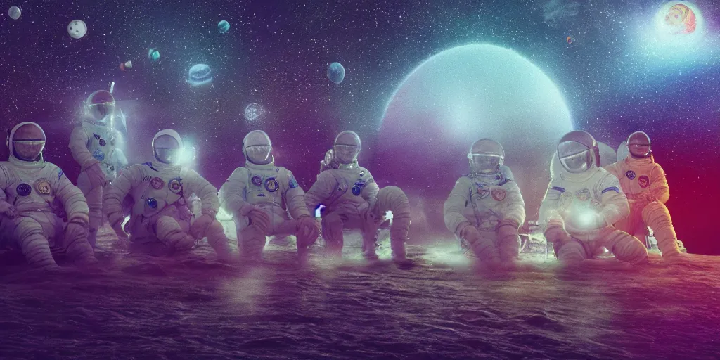 Prompt: twelve cosmonauts sitting by the river with a big holiday cake + octane render + ue 5 + planets and stars + mystical fog + psychedelic colors + super detail, high quality