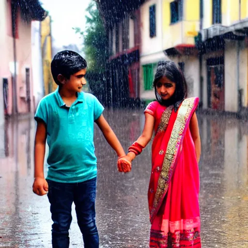 girl and boy holding hands in rain