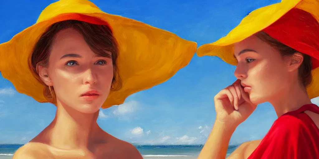 Image similar to beautiful oil matte portrait painting, young woman with red dress and mustard yellow summer hat at a beach on a sunny day, wonderful masterpiece highly detailed, beautiful cinematic light deep focus, elegant, digital painting, smooth, sharp focus, golden ratio, dramatic illumination, ultra realistic, 8 k, art by jimmy law