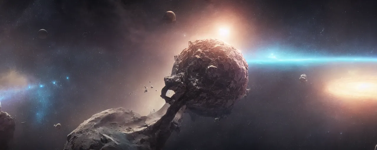 Image similar to movie still, thin galactic horizon, a dark epic galaxy, space scene, dark scifi, unreal engine, octane render, detailed and intricate, global illumination, volumetric lighting, hubble telescope images, james webb telescope images, houdini fluid simulation, detailed and intricate environment