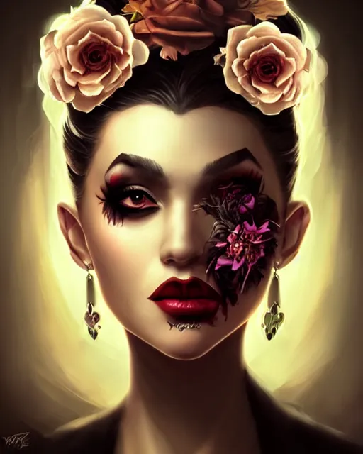 Prompt: Mysterious mafia princess portrait, flower face tattoo, smoke, chiaroscuro, noir, by artgerm and tony sart, deviantart, artstation